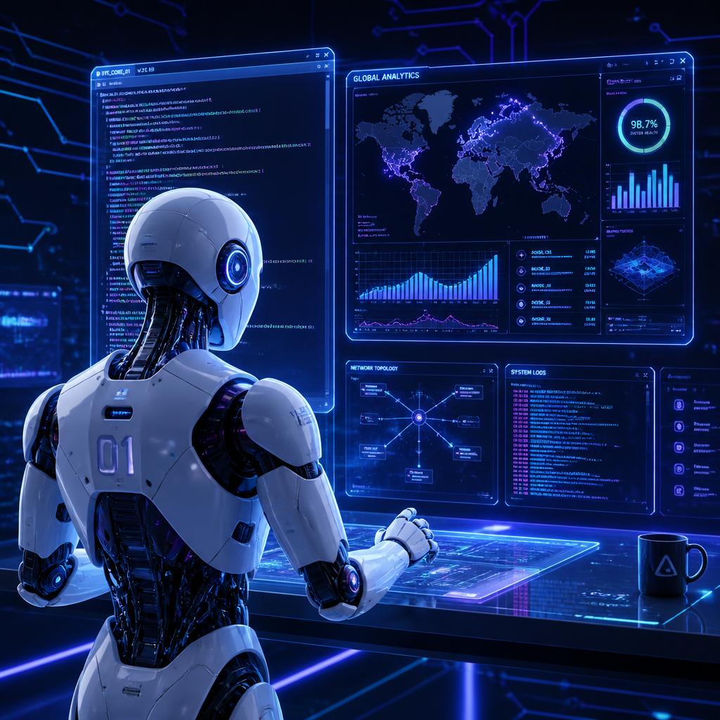 Robot de NEXONO trabajando frente a pantallas holográficas con código, analíticas y mapas