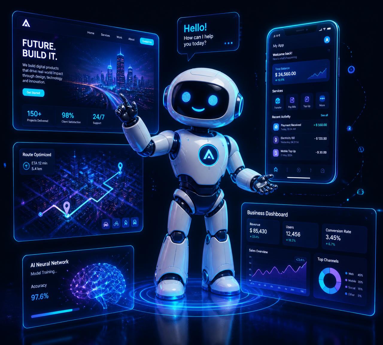 Robot de NEXONO Technologies rodeado de pantallas holográficas con sitios web, apps móviles, mapas e inteligencia artificial