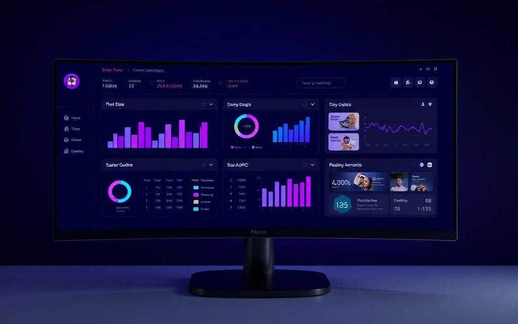 Panel administrativo con gráficas y métricas en pantalla ancha