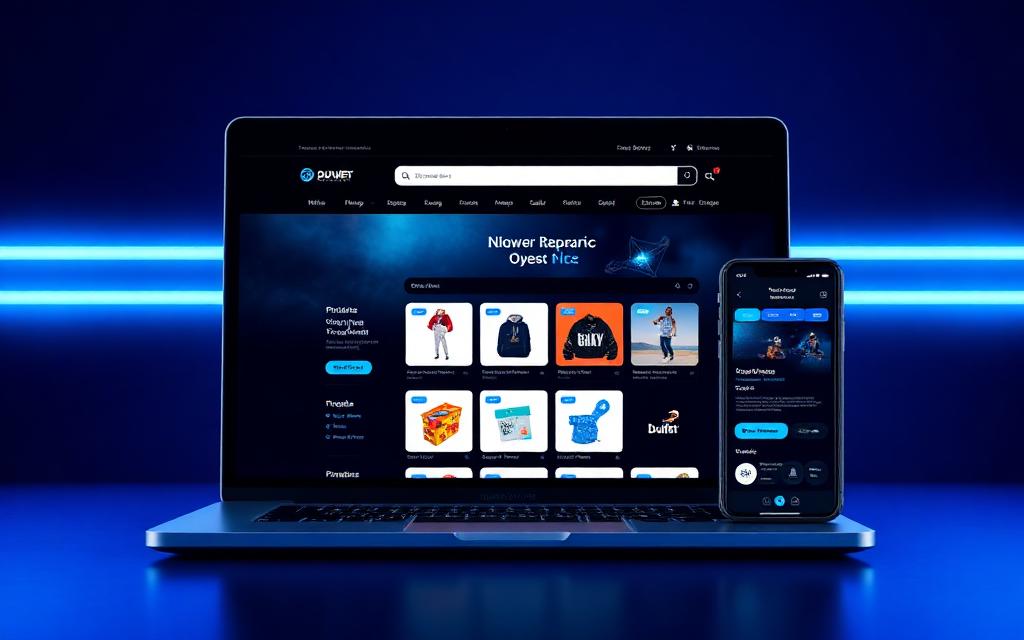Sitio web de comercio electrónico mostrado en laptop y teléfono